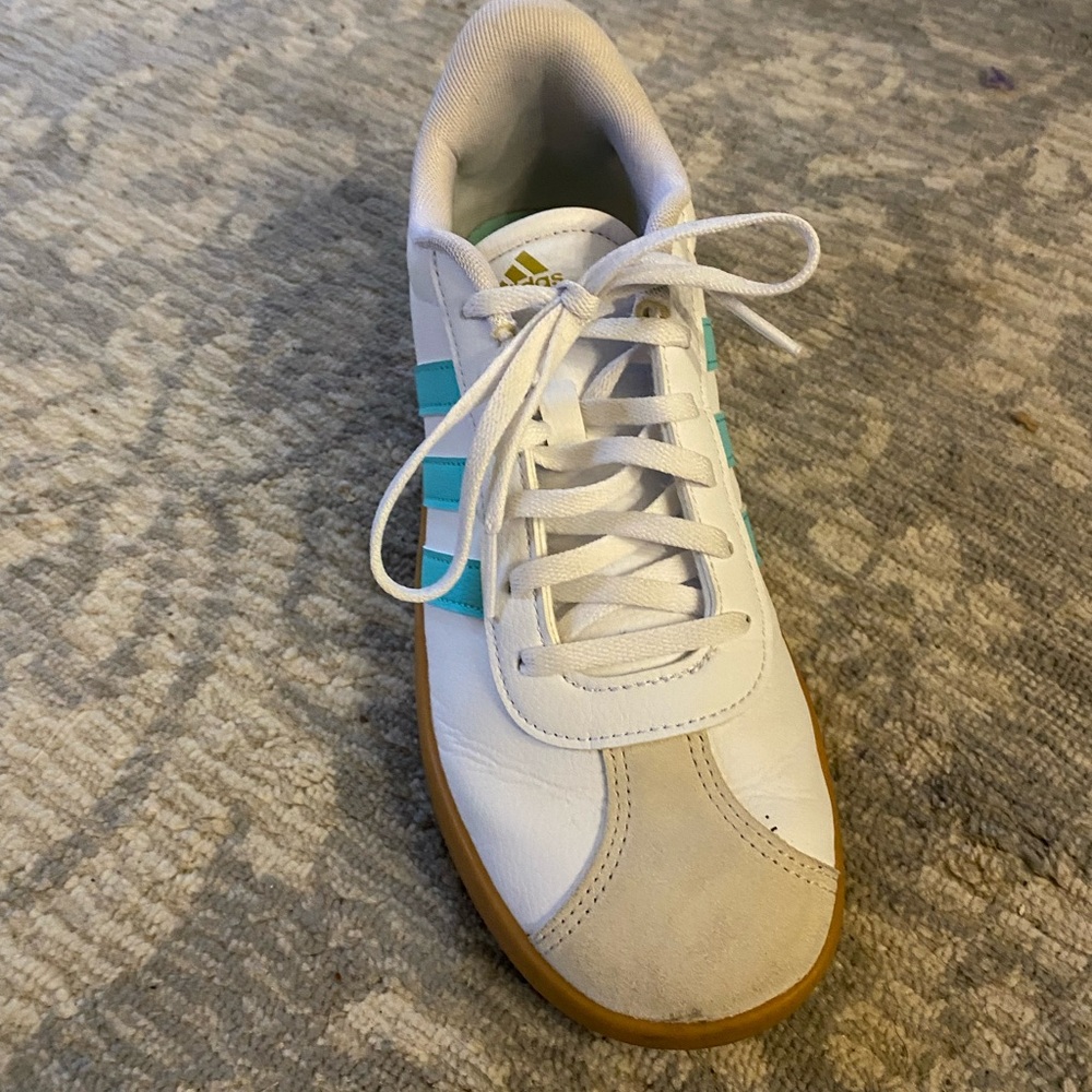 adidas White Sneakers with Teal Stripes and Gum Sole